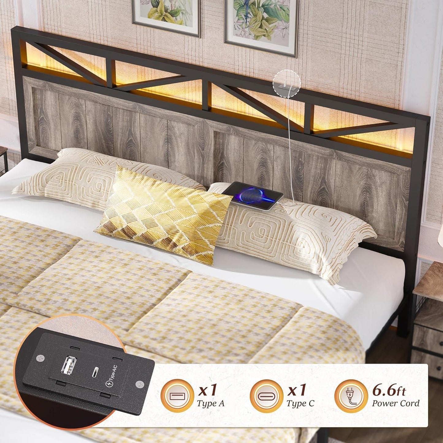 EnHomee King Size Bed Frame with 2 Storage Drawers, King Bed Frame with Wooden Headboard and Strong Metal Support,LED Lights and Charging Station,Farmhouse,NO Noise,No Box Spring Needed,Grey