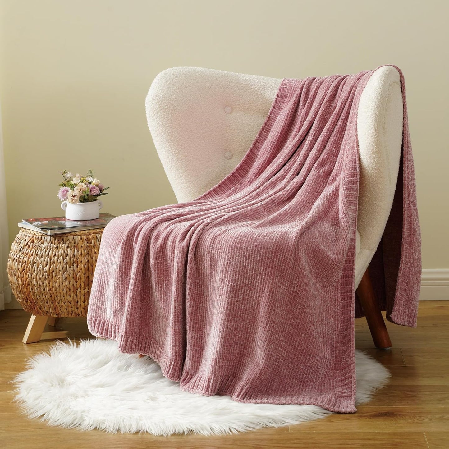 BATTILO HOME Chenille Throw Blanket for Couch, Pink Blanket Throw Chenille Knitted Blankets for Home Decor, Super Soft Blush Pink Throws for Bed Sofa Living Room, 51"x67"