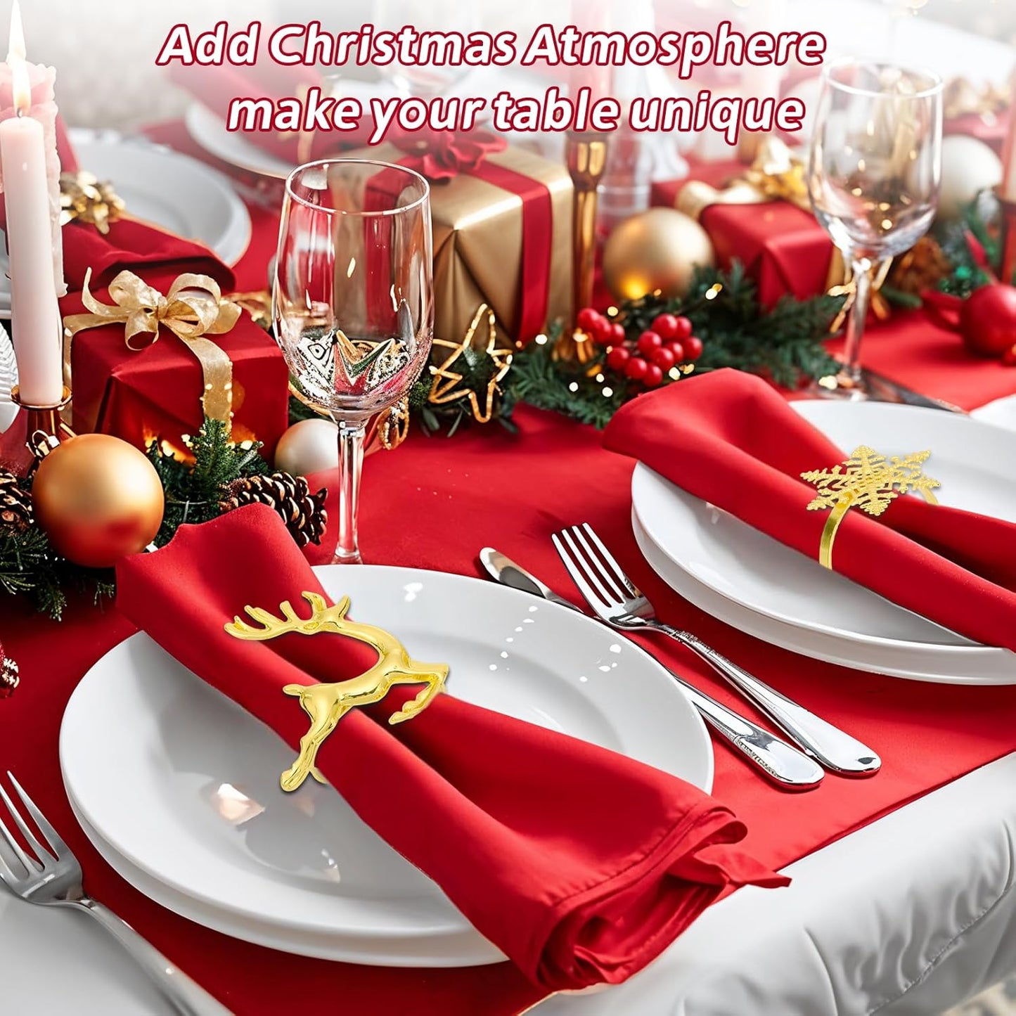 Christmas Napkin Rings Set of 12, Snowflake and Reindeer Xmas Napkin Holder Rings, Gold Winter Decorations Napkin Rings for Christmas Holiday Party, Dinner Table Setting, Wedding Adornment