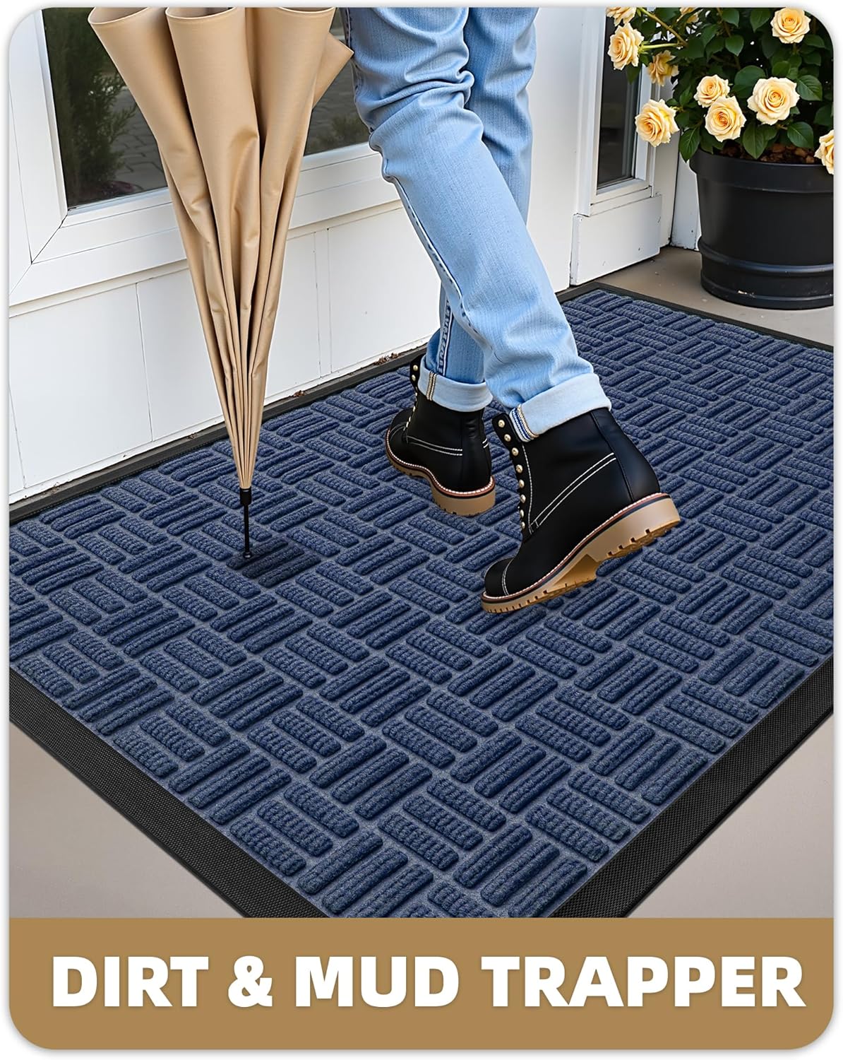 Color&Geometry Front Door Mat Outside Entrance, Heavy Duty Non Slip Low Profile Doormat for Entryway, Trap Dirt and Moisture Welcome Mats All-Weather, Easy Clean, Patio, Garage, 17"x30" Blue