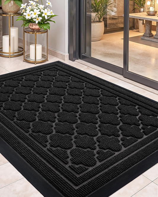 Color&Geometry Front Door Mat Outside Entrance, Heavy Duty Non Slip Low Profile Doormat for Entryway, Trap Dirt and Moisture Welcome Mats All-Weather, Easy Clean, Patio, Garage, 24"x48" Black