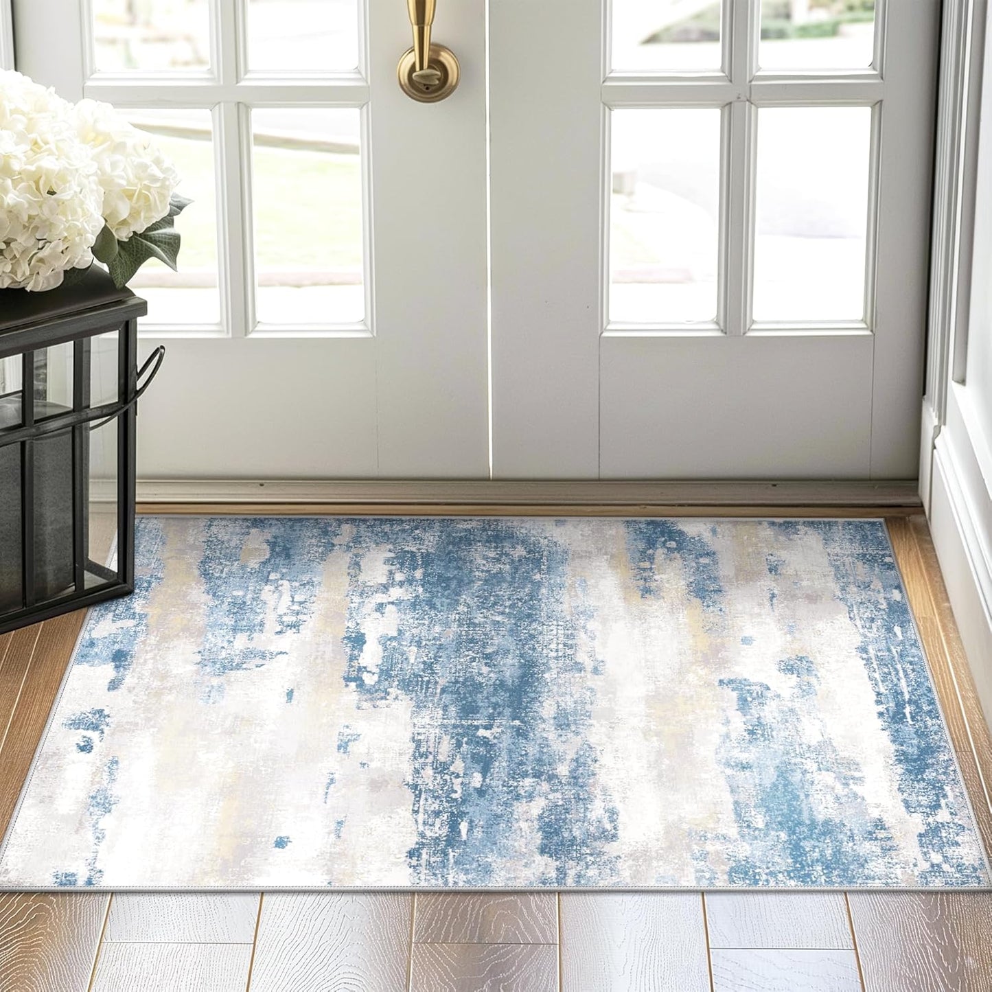 1.5'x2.5' Rugs for Entryway Entrance Kitchen Bathroom, Machine Washable Modern Abstract Soft Area Rug, Low Pile Indoor Floor Carpet with Non Slip Backing, Blue Cream