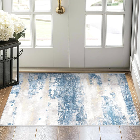1.5'x2.5' Rugs for Entryway Entrance Kitchen Bathroom, Machine Washable Modern Abstract Soft Area Rug, Low Pile Indoor Floor Carpet with Non Slip Backing, Blue Cream
