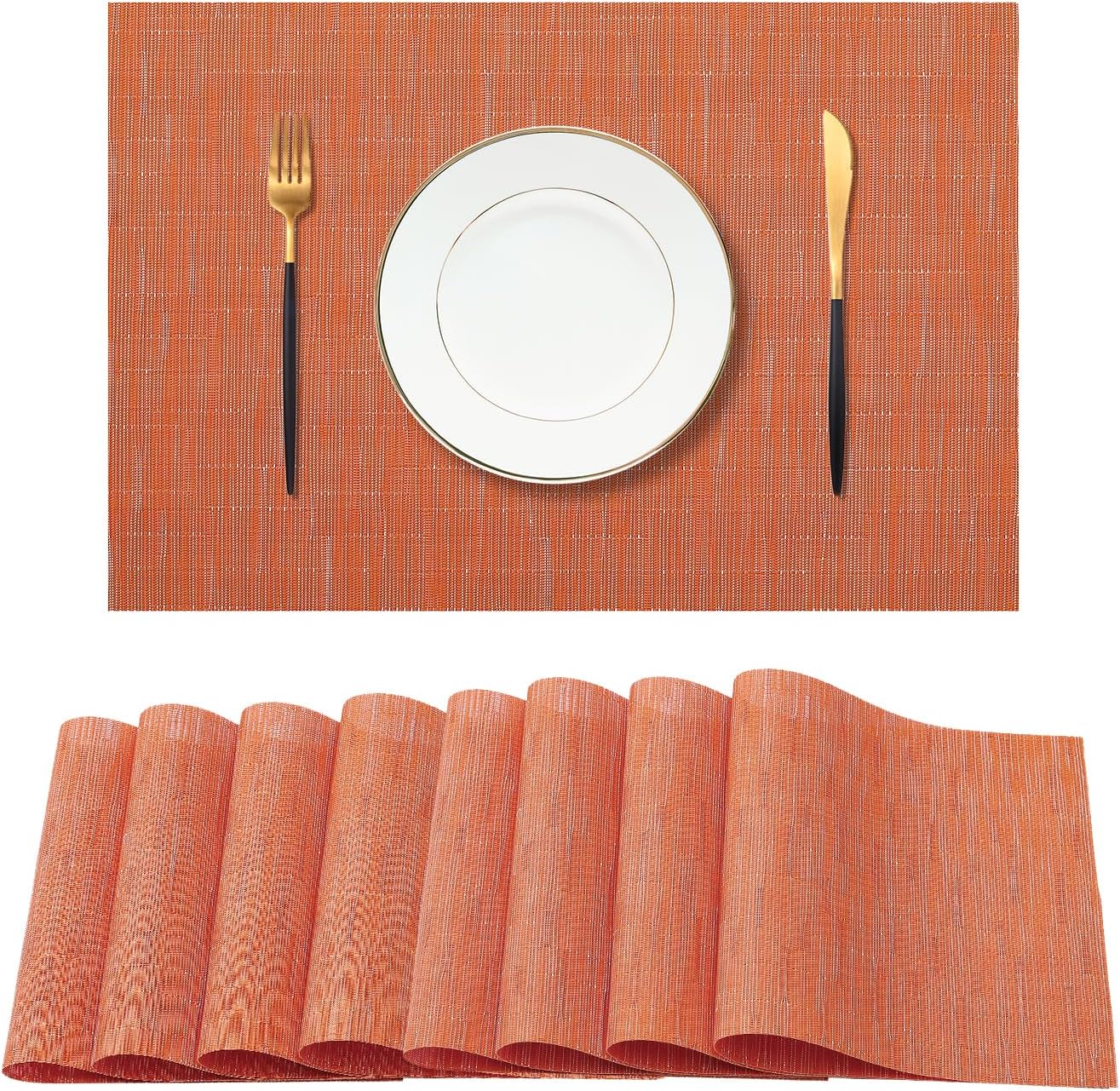 Leetaltree Orange Placemats Set of 8 - Heat Resistant Non-Slip Place mats for Dining Table, Washable Durable PVC Vinyl Woven Table Mats（Orange, 8）