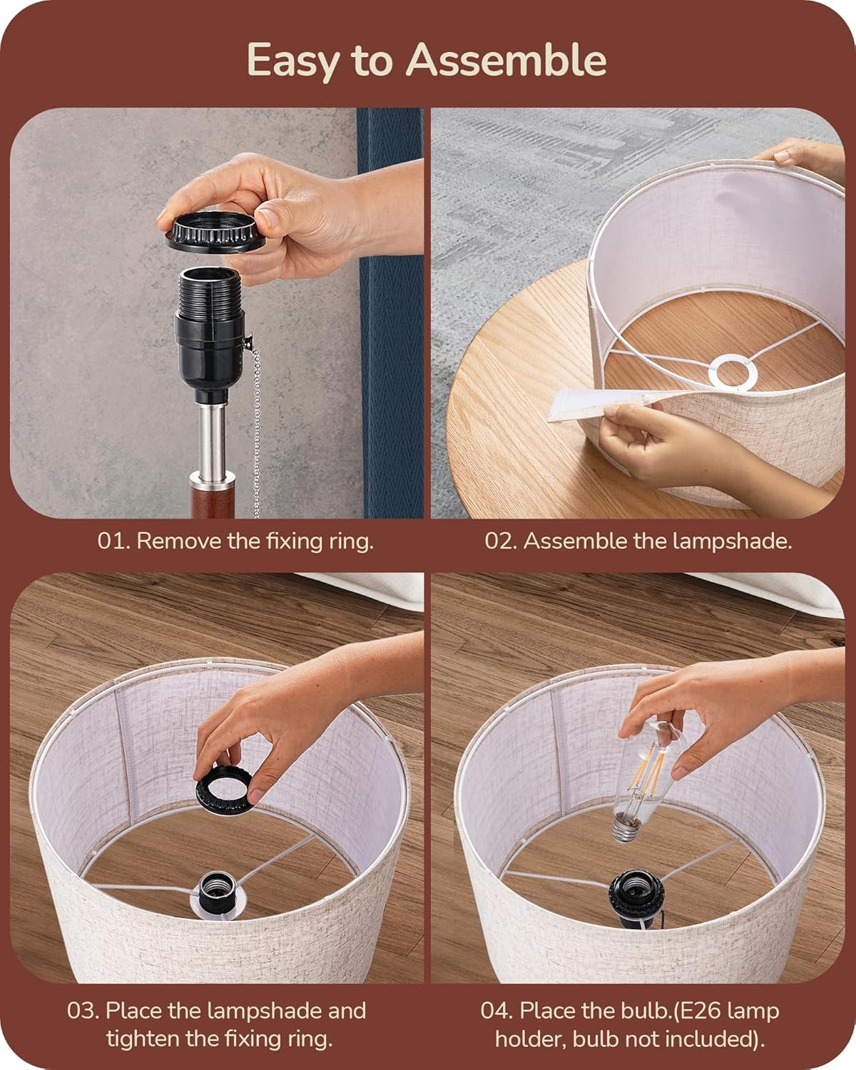 EDISHINE Mid Century Table Lamp, Solid Wood and Metal Bedside Lamp with Pull Chain Switch & Beige Linen Shade, Retro Nightstand Lamp for Bedroom Living Room End Table, E26 Base