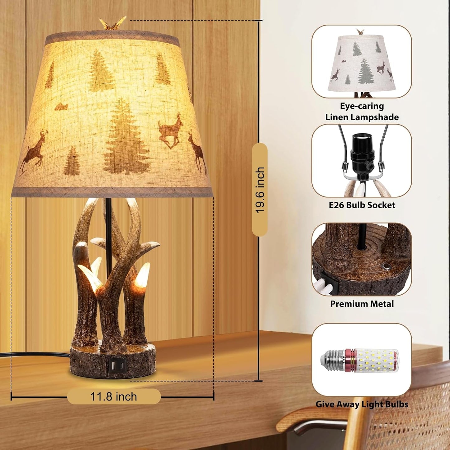 Rustic Antler Table Lamp Set of 2 – Touch-Control 3‑Level Dimming, Dual Light Source with Glowing Antler Night Light, USB‑C & USB‑A Charging Station, Bedroom & Living Room DécorLiving Room