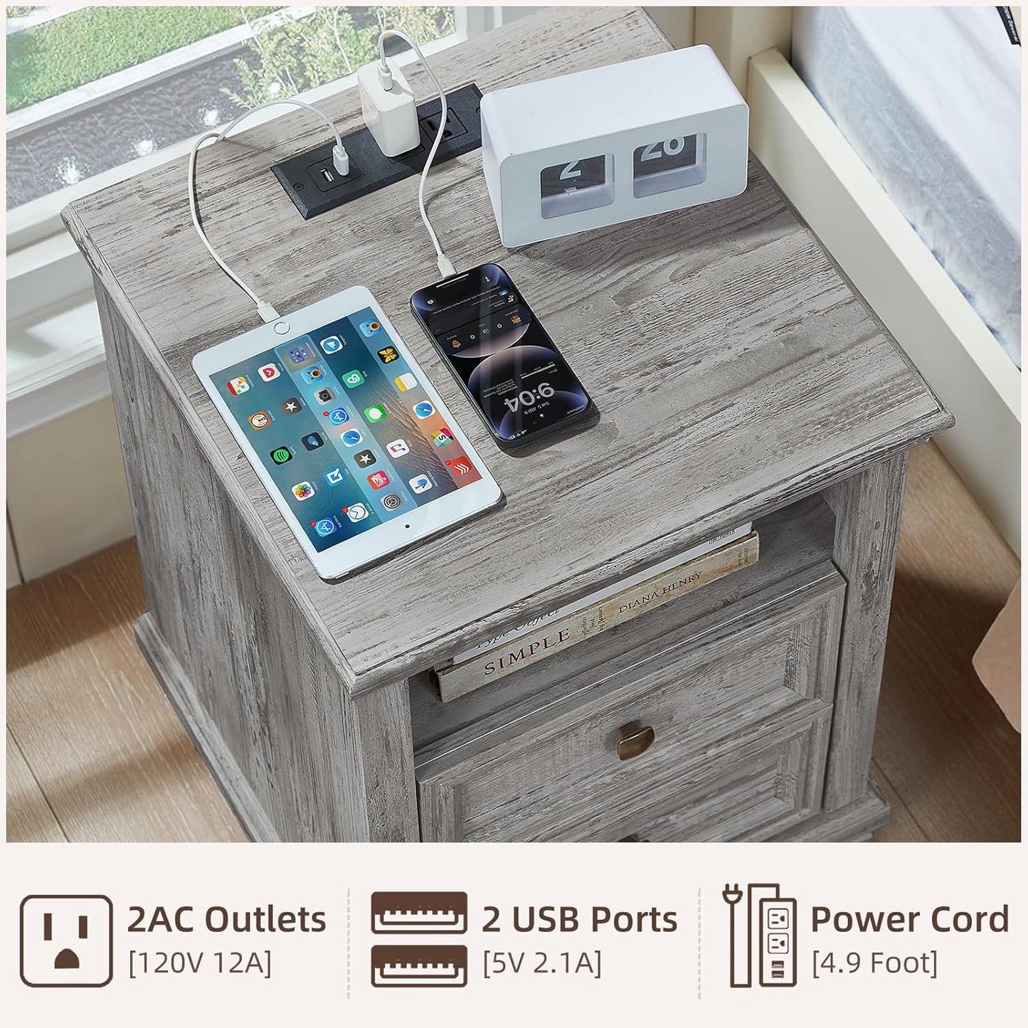 Farmhouse Nightstand with Charging Station, Rustic Grey Nightstand,2 Drawers End Table for Living Room,Bedside Table with Open Shelf for Bed Room,Grey