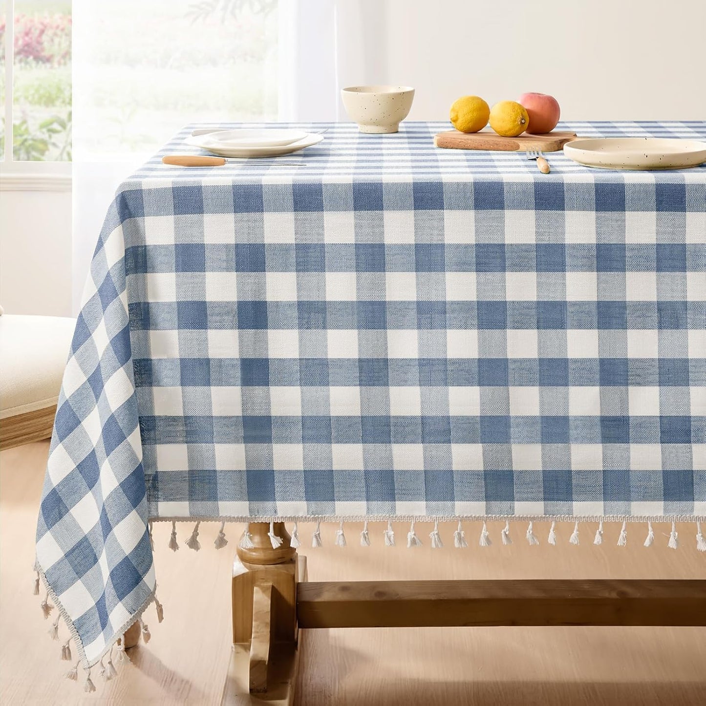 Softalker Checkered Tablecloth Rectangle, Heavy Weight Linen Gingham Outdoor Table Cloth with Tassel, Washable Wrinkle Free Buffalo Plaid Table Cover for Dining/Party/Home - 55 x 120 Inch, Blue