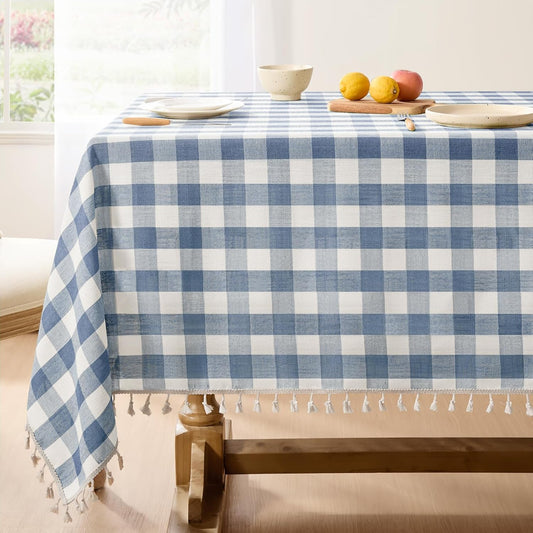 Softalker Checkered Tablecloth Rectangle, Heavy Weight Linen Gingham Outdoor Table Cloth with Tassel, Washable Wrinkle Free Buffalo Plaid Table Cover for Dining/Party/Home - 55 x 120 Inch, Blue
