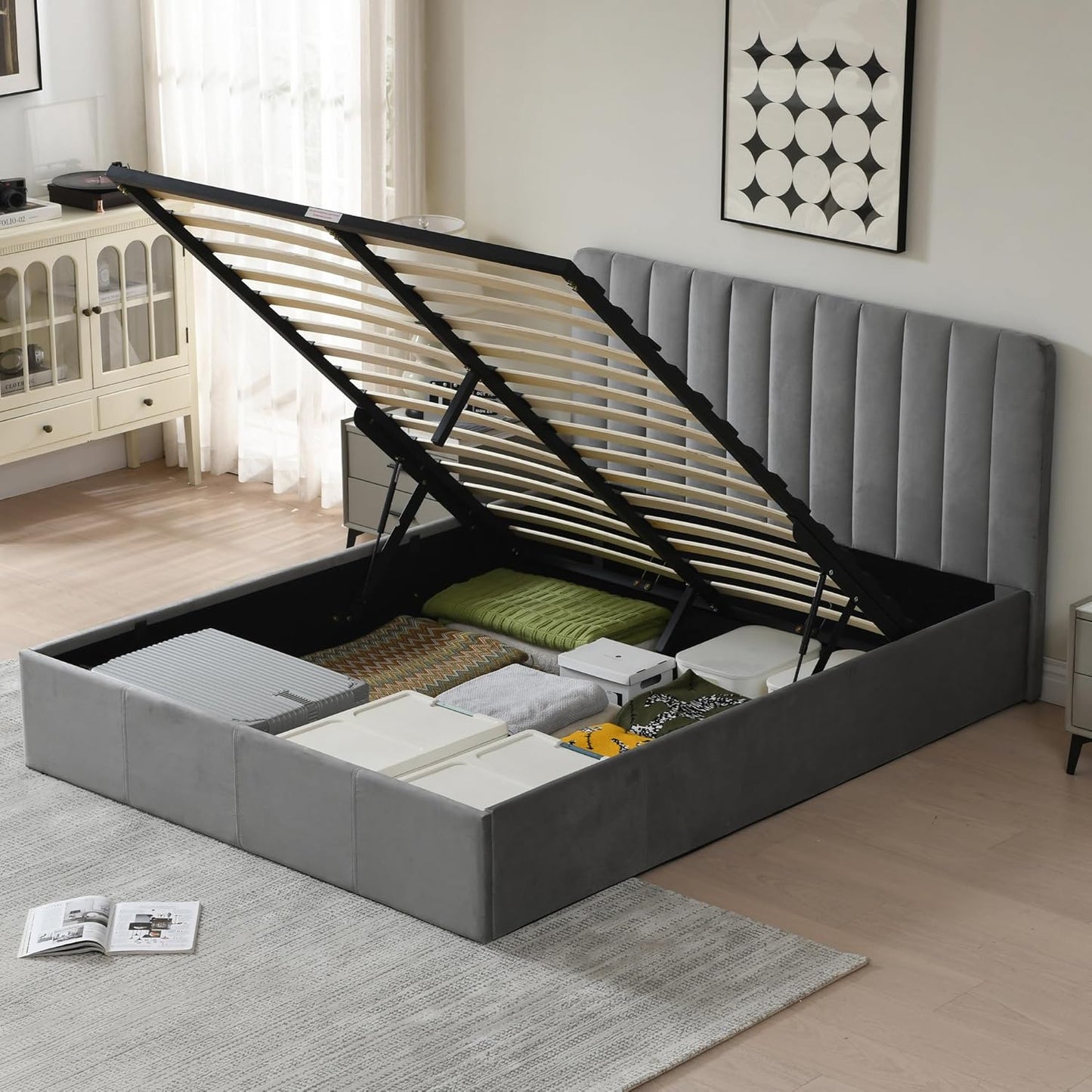 PINJU Queen Size Storage Bed with Hydraulic Lift, Upholstered Platform Bed, Simple Vertical Line Design, Wooden Slat Support, No Spring Required (Grey, Queen (U.S. Standard))
