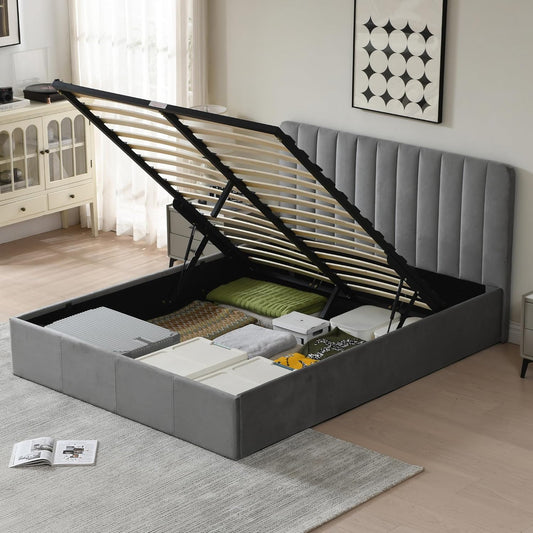 PINJU Queen Size Storage Bed with Hydraulic Lift, Upholstered Platform Bed, Simple Vertical Line Design, Wooden Slat Support, No Spring Required (Grey, Queen (U.S. Standard))