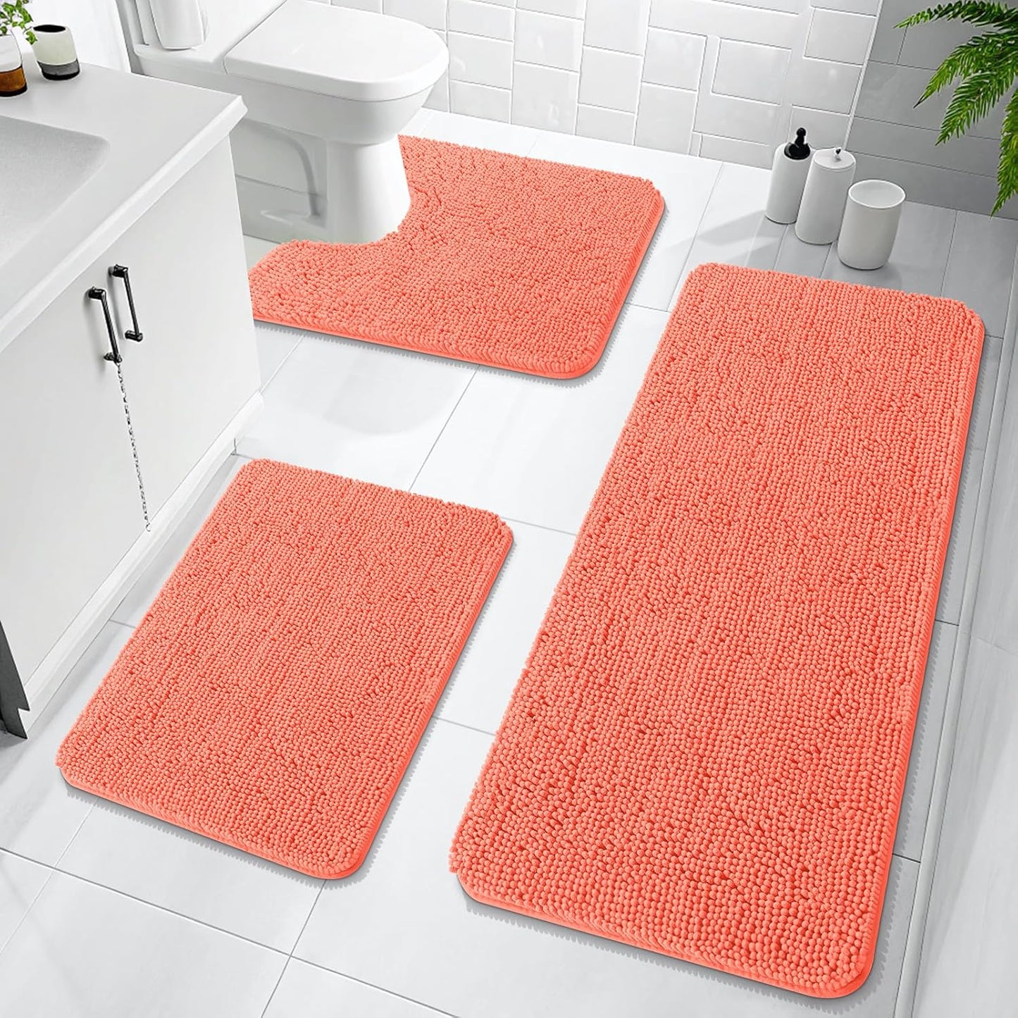 OLANLY Bathroom Rugs Sets 3 Piece, Soft Absorbent Chenille Bath Mats and U-Shaped Contour Toilet Rug, Quick Dry, Home Decor Accessories, Bath Mat Set for Bathroom (47"x20"+24"x16"+24"x20", Coral)