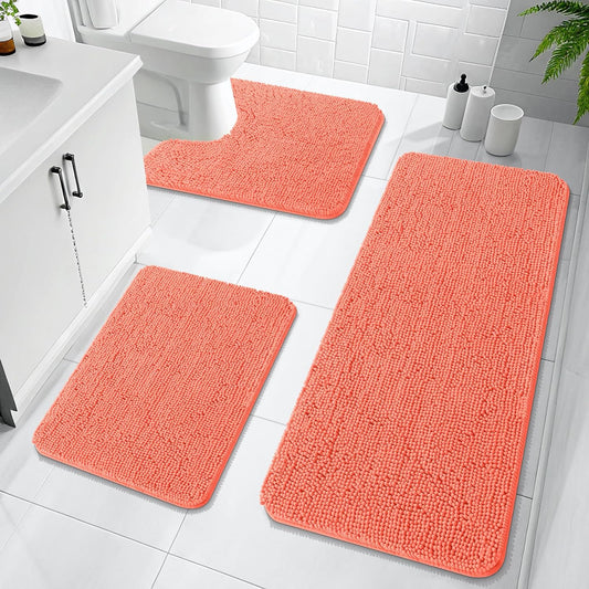 OLANLY Bathroom Rugs Sets 3 Piece, Soft Absorbent Chenille Bath Mats and U-Shaped Contour Toilet Rug, Quick Dry, Home Decor Accessories, Bath Mat Set for Bathroom (47"x20"+24"x16"+24"x20", Coral)