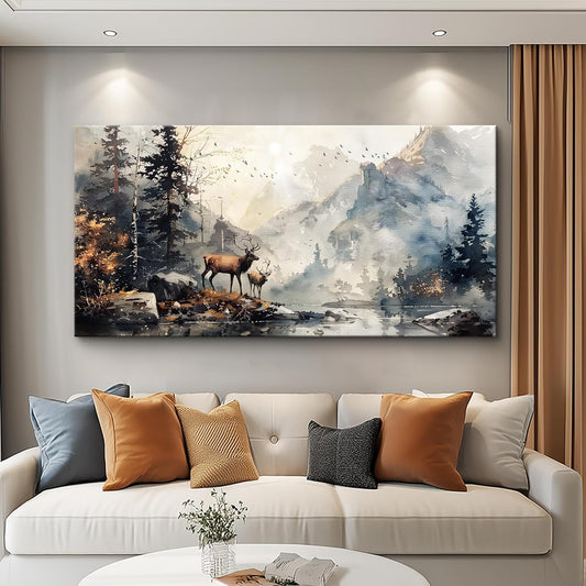 FUHAIHUA Canvas Wall Art For Living Room Large Wall Decor For Office Bedroom Wall Pictures Mountain Forest Landscape Ink Paintings Modern Poster Prints Artwork Room Home Decor Deer Mural 24x48 In