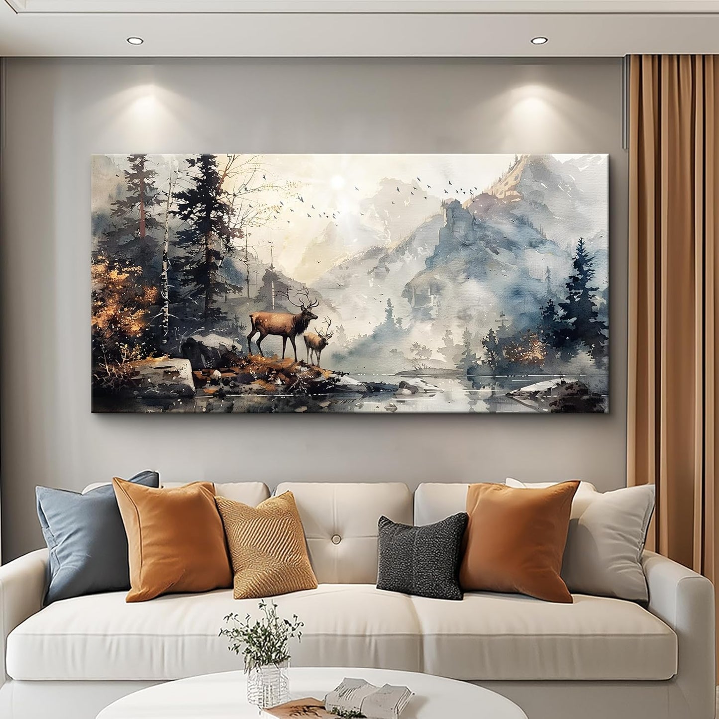 FUHAIHUA Canvas Wall Art For Living Room Framed Wall Decor For Bedroom Office Mountain Forest Landscape Ink Paintings Deer Pictures Artwork Modern Aesthetic Home Decor 20x40 In