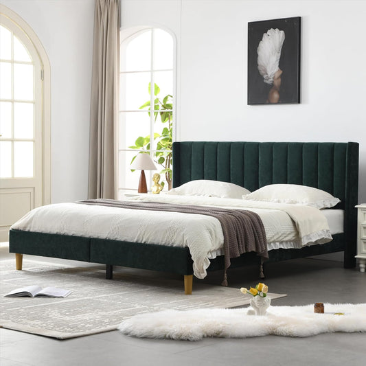 YUHUASHI upholstered Platform Bed Frame/King Bed Frame/Modern Geometric Double-Wing Design headboard/Velvet Fabric/Easy to Assemble no Noise (Ink Green, King (U.S. Standard))
