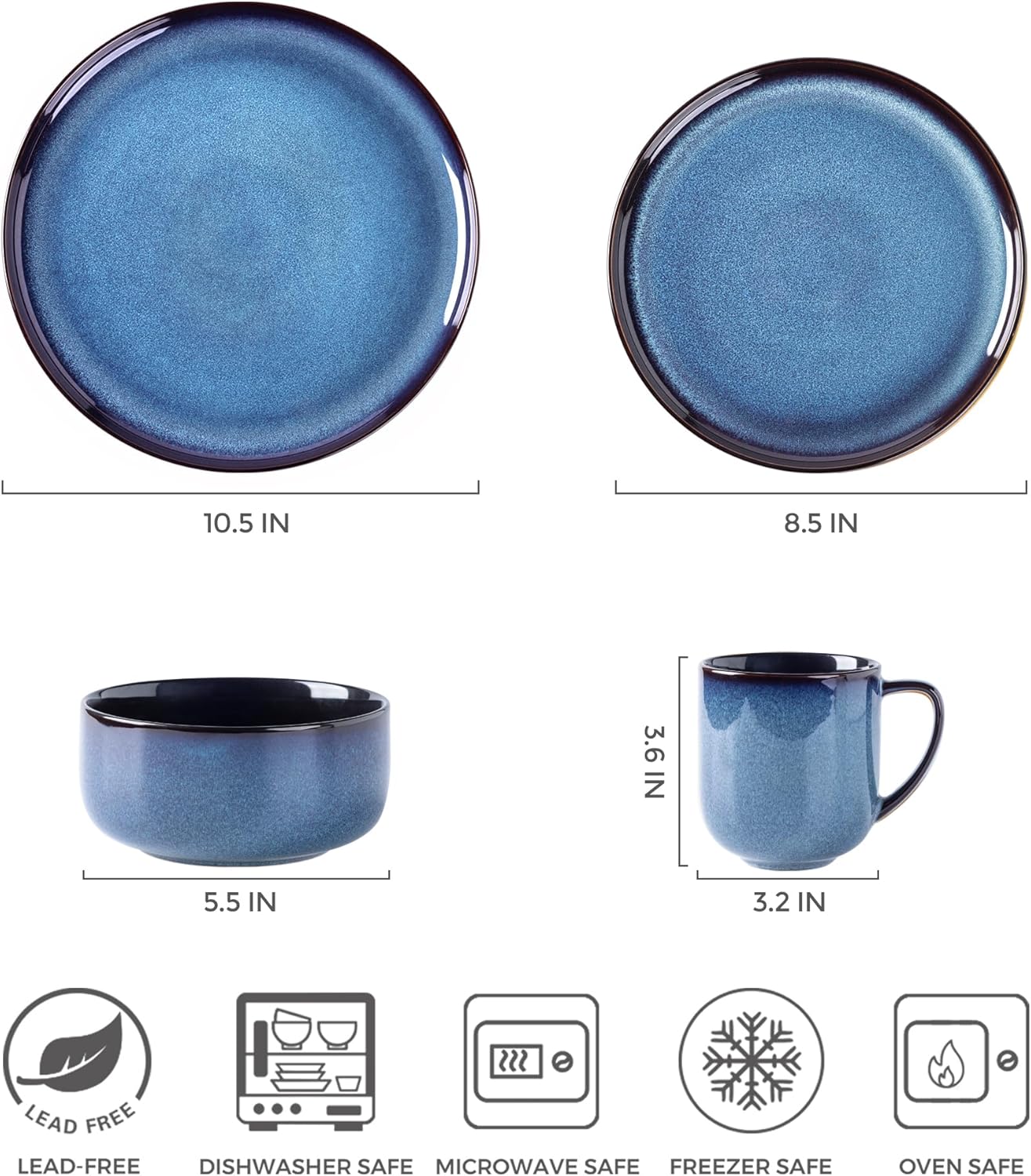 LERATIO Ceramic Dinnerware Sets for 4,16-PieceReactive Glaze Plates and Bowls Set with Mugs,Highly Chip and Crack Resistant | Dishwasher,Microwave & Oven Safe Dishes set-Blue