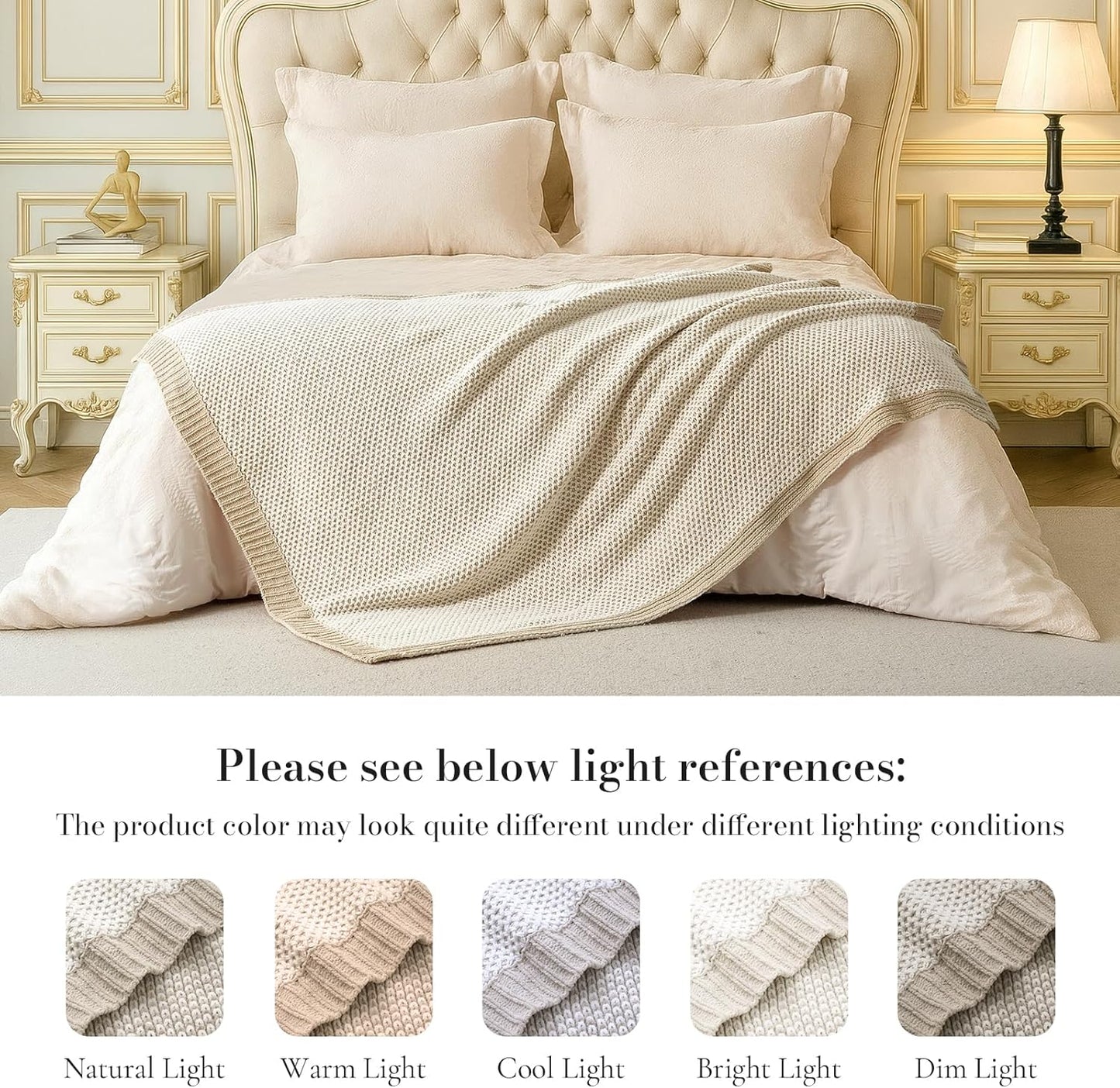 Amélie Home Honeycomb Knit Throw Blanket for Couch, Dual-Sided Soft Chenille Decorative Blankets for Sofa & Chair, 50"x60", Khaki & White