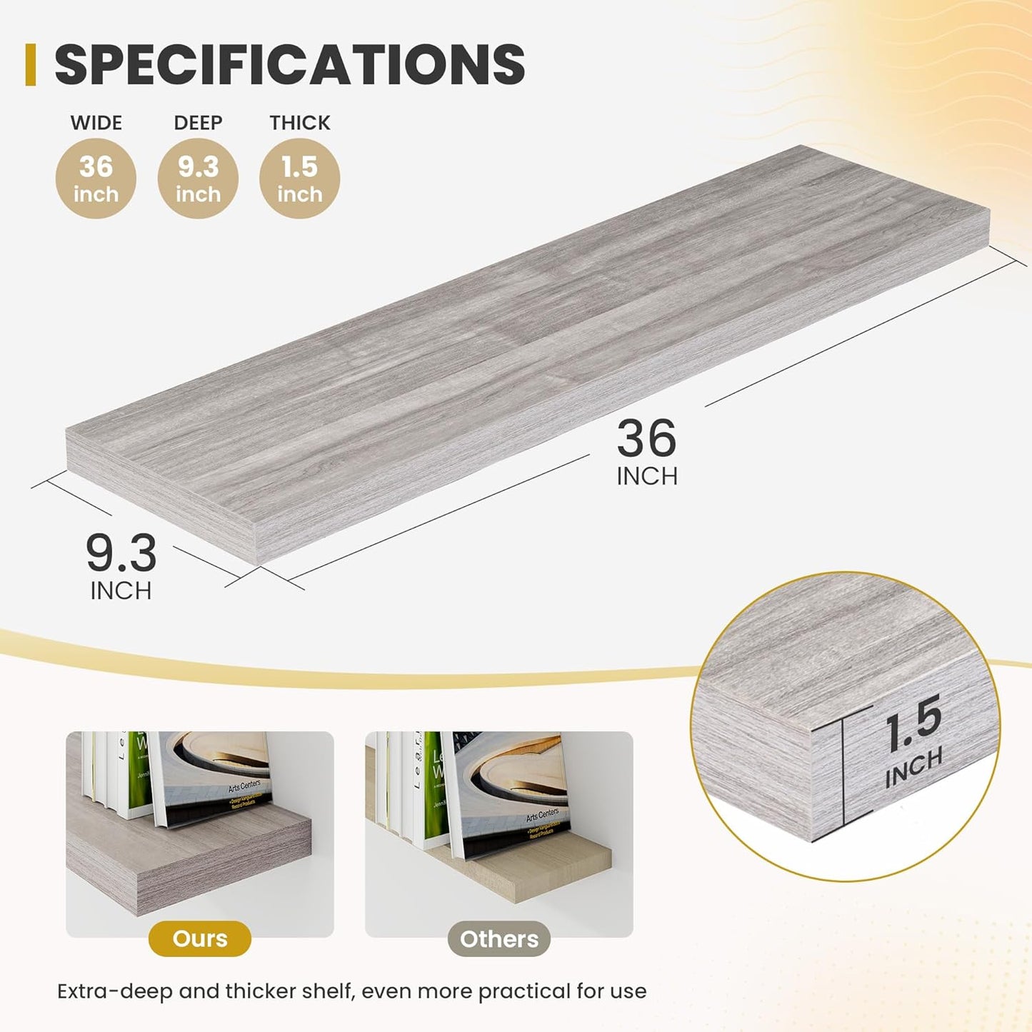 36 Inch Floating Shelves, 9.3" Deep Floating Shelf Wall Mounted, 36" Wall Shelves, Rustic Deep Bookshelf, Large Display Shelves & Storage Shelves for Bedroom, Living Room, Gray, Set of 2