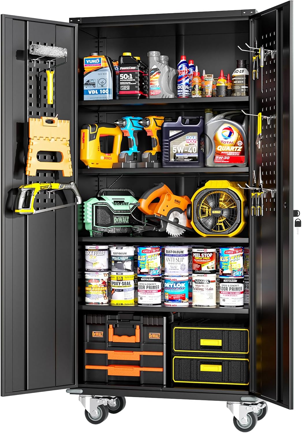 Greenvelly Metal Storage Cabinet with Wheels, Lockable 74" Black Metal Garage Cabinets with 2 Doors and 4 Adjustable Shelves, Rolling Steel Tool Cabinet for Garage, Home Office, School