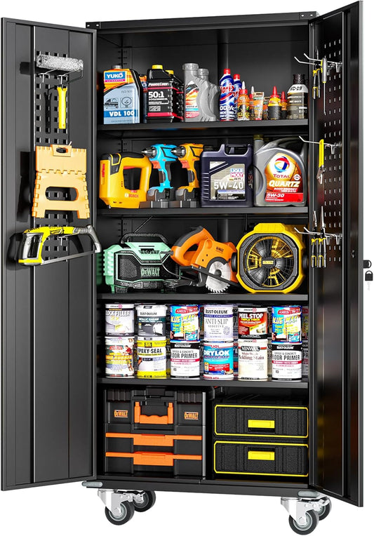 Greenvelly Metal Storage Cabinet with Wheels, Lockable 74" Black Metal Garage Cabinets with 2 Doors and 4 Adjustable Shelves, Rolling Steel Tool Cabinet for Garage, Home Office, School