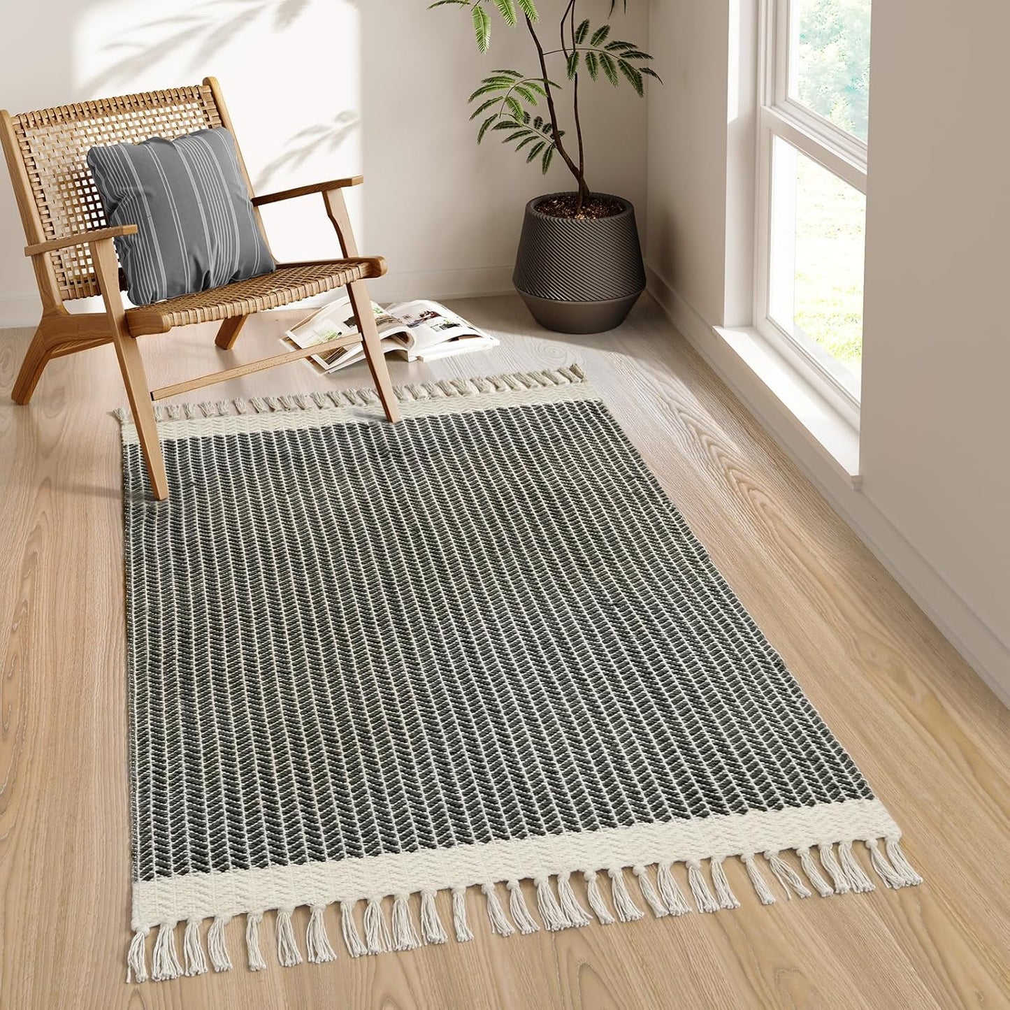 Lahome Boho Living Room 3x5 Washable Rugs for Entryway Lightweight Woven Grey Mat with Tassels, Farmhouse Bathroom Rug Non Shedding Area Carpet for Bedroom Office Camper RV Decor