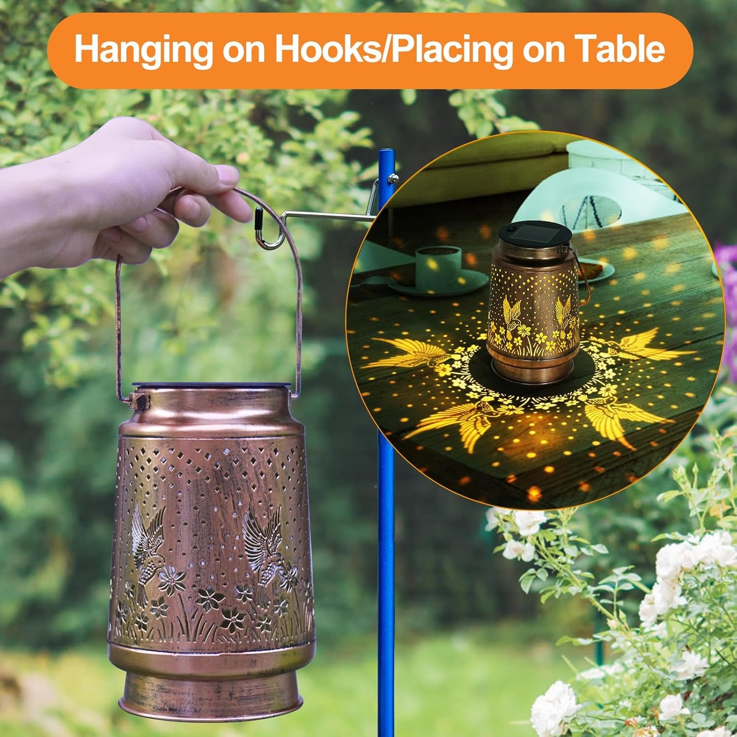 Hummingbird Solar Lantern - Waterproof Hanging Lantern, Metal Solar Lights for Outdoor Use on Yard, Patio, Lawn, Tabletop, Landscape, Garden Decor, Gifts for Mom, Grandma, Women