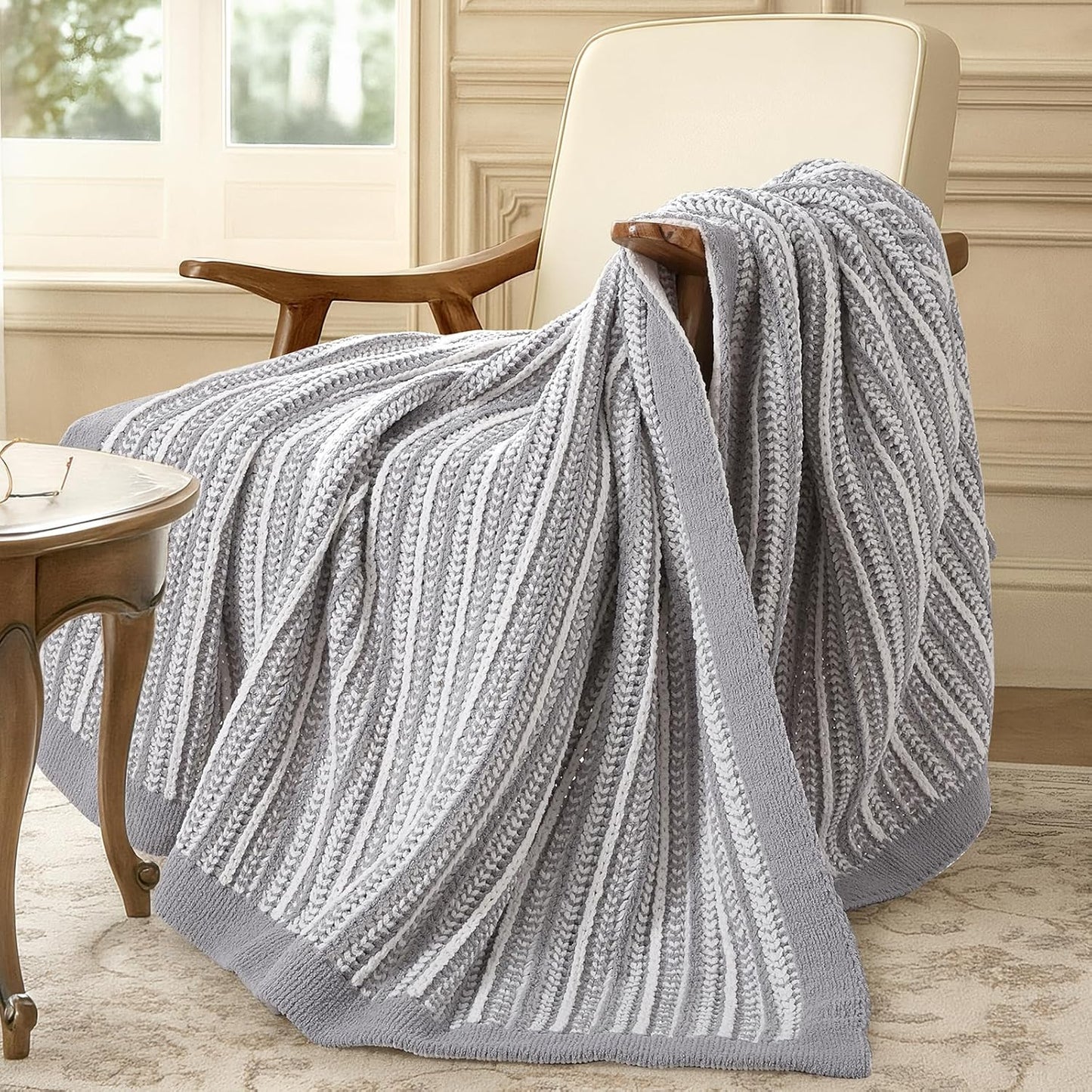 Amélie Home Striped Knit Throw Blanket for Couch, Dual-Sided Soft Chenille Decorative Blankets for Sofa & Chair, 50"x60", Gray & White