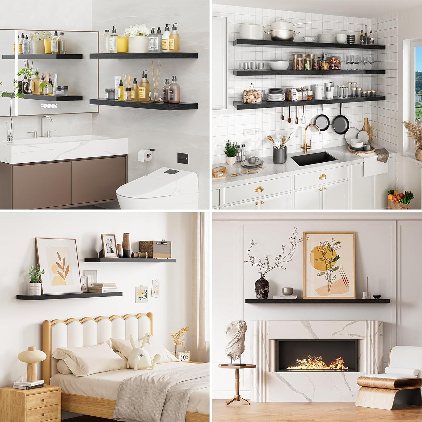 Heimlove 32 Inch Floating Shelves for Wall,Black 9.3" Deep Floating Shelf Set of 2,Wall Mounted Shelves for Bathroom Bedroom Living Room Kitchen Office,Shelf for Books Storage Room,Home Decor