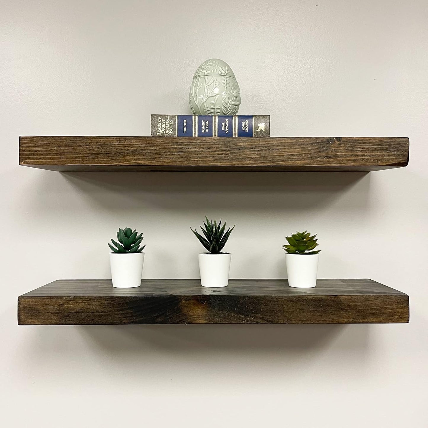 URBANDI, Rustic Floating Shelves, Set of 2, Hidden Bracket, Solid Wood, Heavy Duty, Wall Mounted Shelves, (Dark Brown, 48Wx12D)