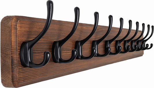 SKOLOO Farmhouse Style Wall Mounted Coat Rack, 38.6'' Pine Solid Wood Coat Hook Hanger - 10 Hooks for Hanging Clothes Robes Towels Coats