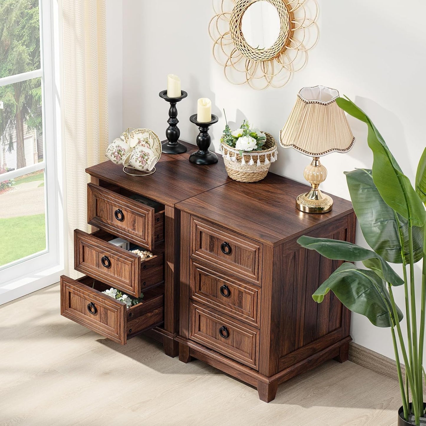 18" Farmhouse Night Stands Set of 2 with Charging Station, 2 & 3 Drawers End Table Dresser for Bedroom, Brown Wooden Nightstand, Bed Side Table with Open Shelf, Bedside Cabinet for Living Room