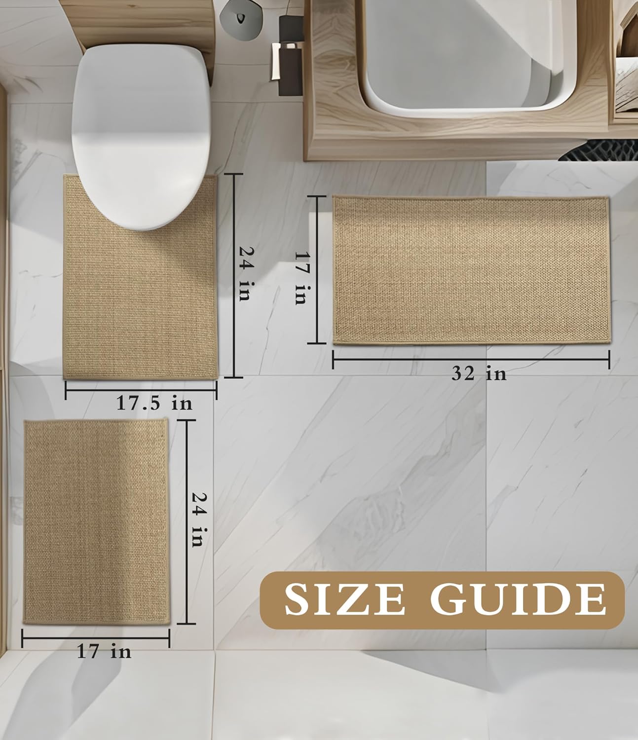 YIHOUSE Bathroom Rugs Sets 3 Pieces, Beige Ultra Thin Bath Mats Fit Under Door, Absorbent Quickly Dry Rubber Backing Braided Bath Mat Set, Non Slip Washable Bath Rugs for Bathroom Floor, Beige