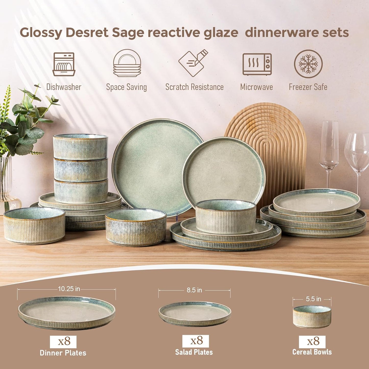 GBHOME Stoneware Dinnerware Sets for 8,Round Reactive Glaze Ceramic Plates and Bowls Set,Highly Scratch Resistant | Dishwasher & Microwave Safe Dishes Set,Service for 8(24Pcs)