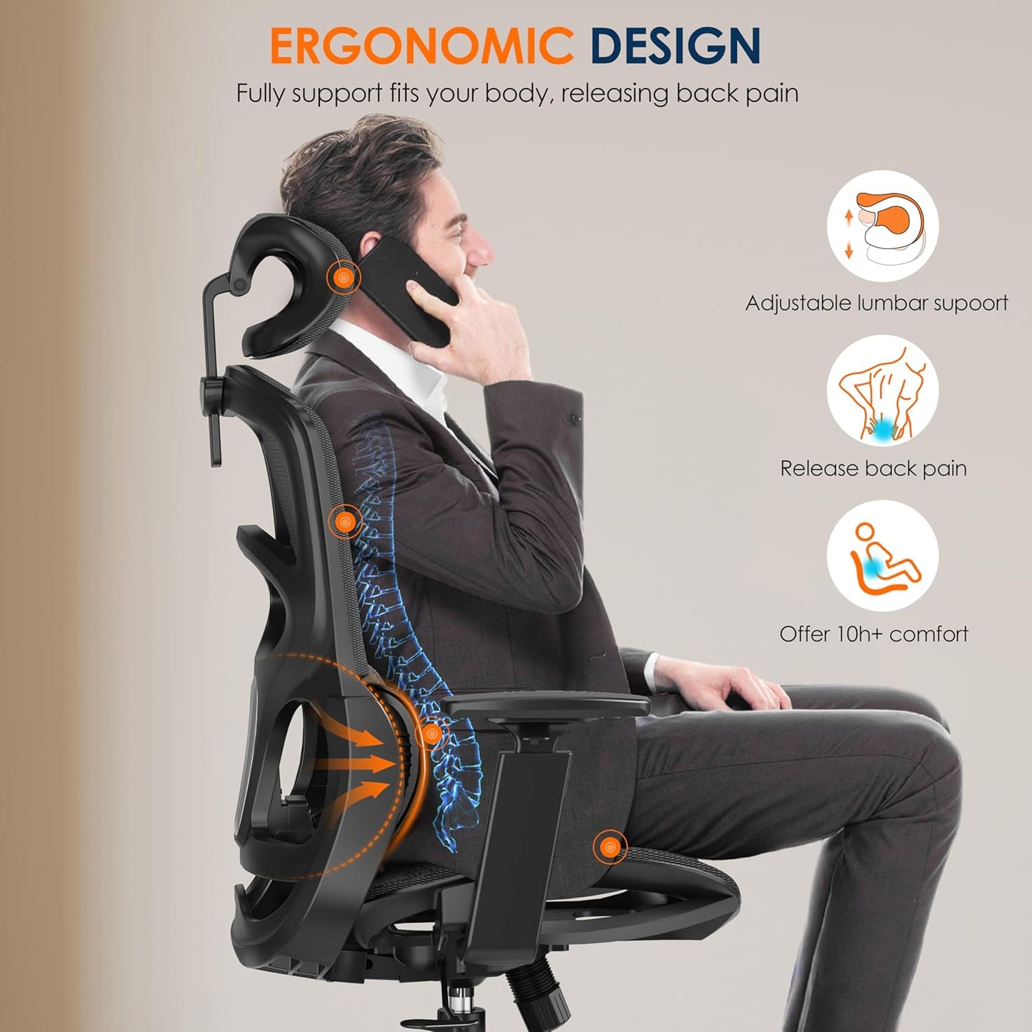 GABRYLLY Ergonomic Office Chair, High-Back Desk Chairs with Adjustable Lumbar Support, Headrest, Tilt Function, Soft Wide Seat and 3D Armrest, 300 LBS Sturdy Home Mesh Chair Task Chairs, GY1070