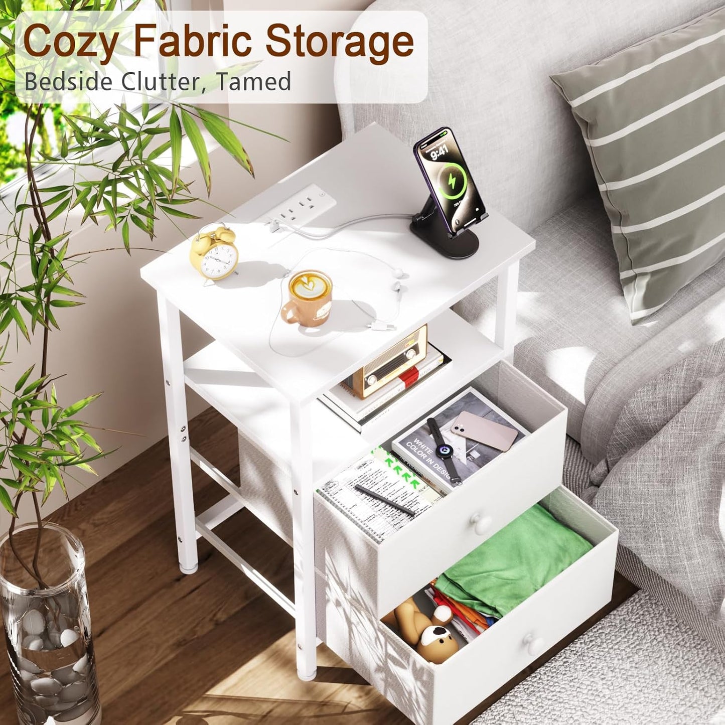 White Night Stand, Nightstand with Charging Station, End Table with Storage 2 Fabric Drawers for Bedroom, Small Bed Side Table with USB Ports and Outlets for Living Room, HETS020WT-1