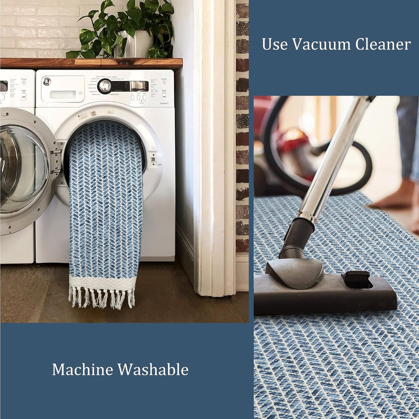 Lahome Boho Laundry Room Rug Runner, 2x4.3 Bathroom Runner Rug Lightweight Kitchen Rugs Woven Cotton Throw Mat with Tassels, Farmhouse Washable Blue Rugs Low Pile for Bedroom Door Mat