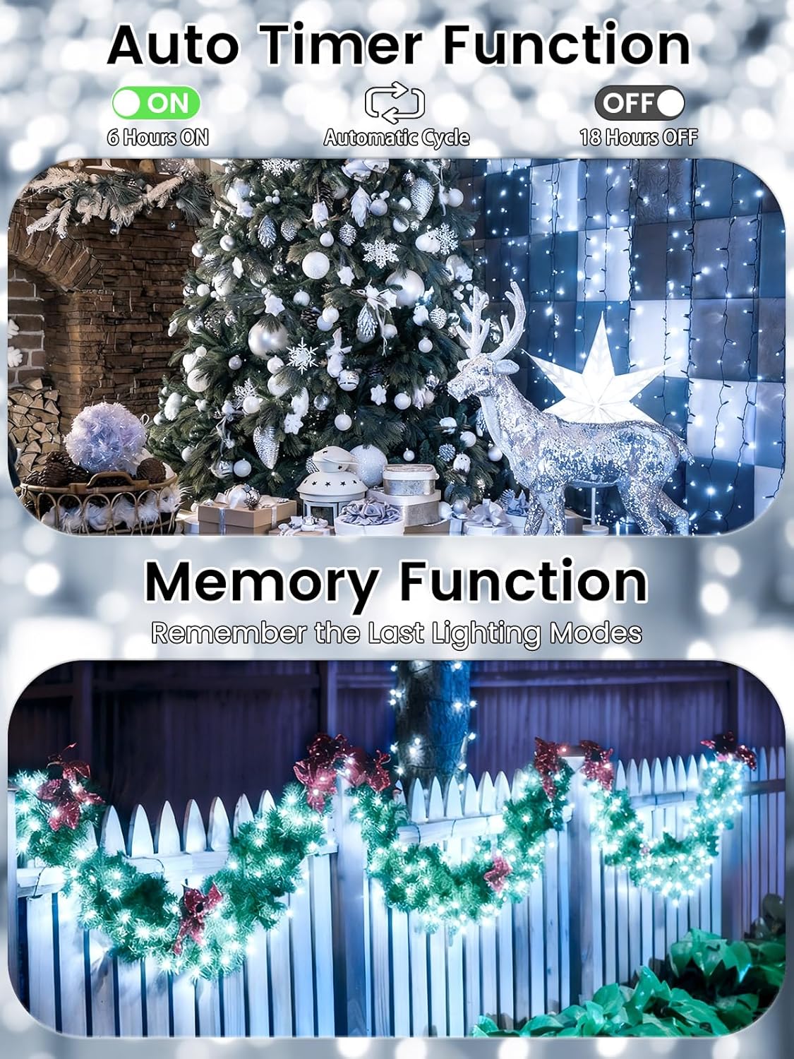 2 Pack Battery Operated Christmas Lights with Timer, 66FT 200 LED Waterproof Battery Twinkle Light, 8 Modes Green Wire Fairy Lights for Indoor & Outdoor Bedroom Tree Christmas Decorations (Cool White)