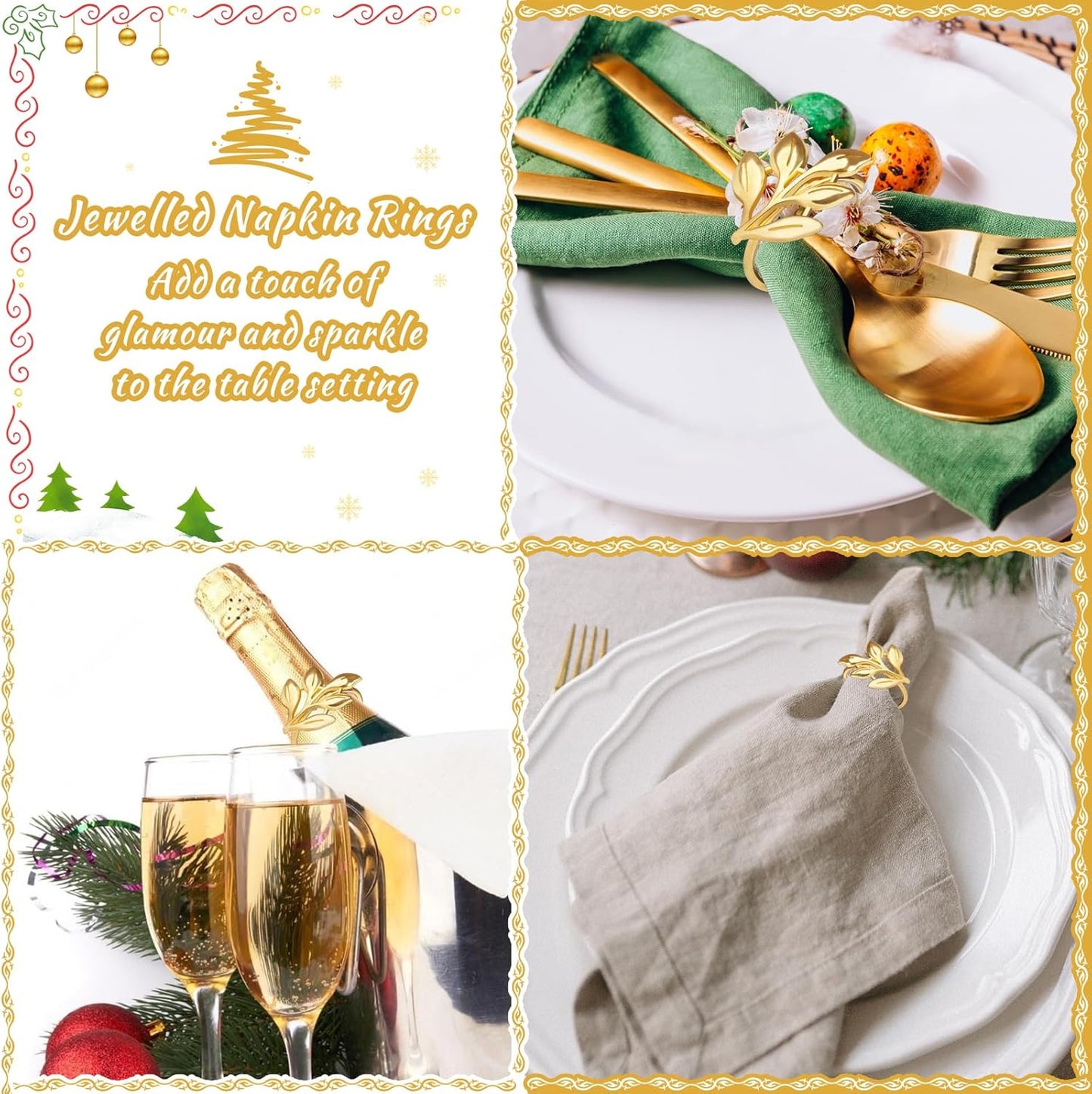 Gold Napkin Rings Set of 12, Metal Leaf Napkin Ring Holders for Cloth Napkins, Fall Napkin Ring Buckles Bulk for Wedding Receptions, Christmas Thanksgiving Holiday Party Dinner Table Settings