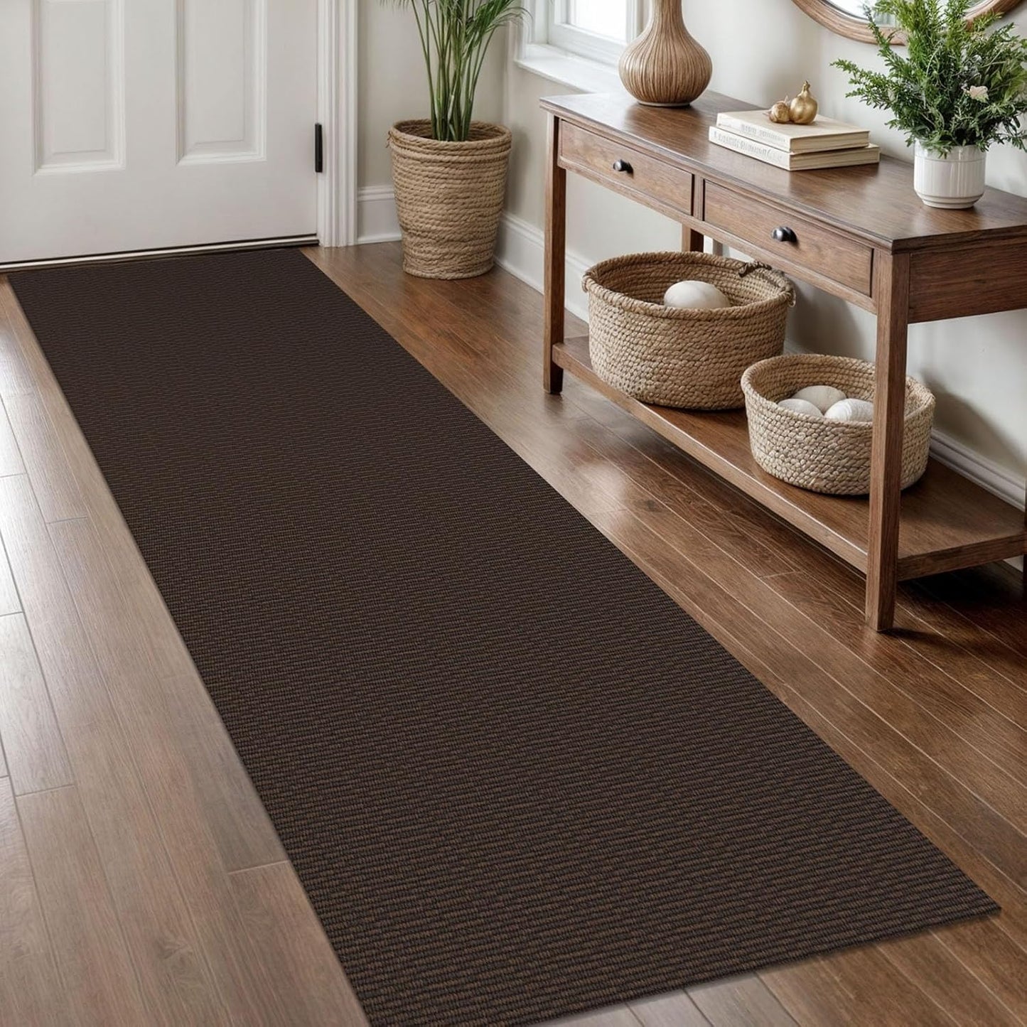 KOZYFLY Washable Runner Rug 2x8 Ft Runners for Hallway Rubber Backed Kitchen Runner Rugs Braided Cotton Entryway Runner Indoor, Carpet Runners for Hallway Entryway Bedroom, Dark Coffee/Brown