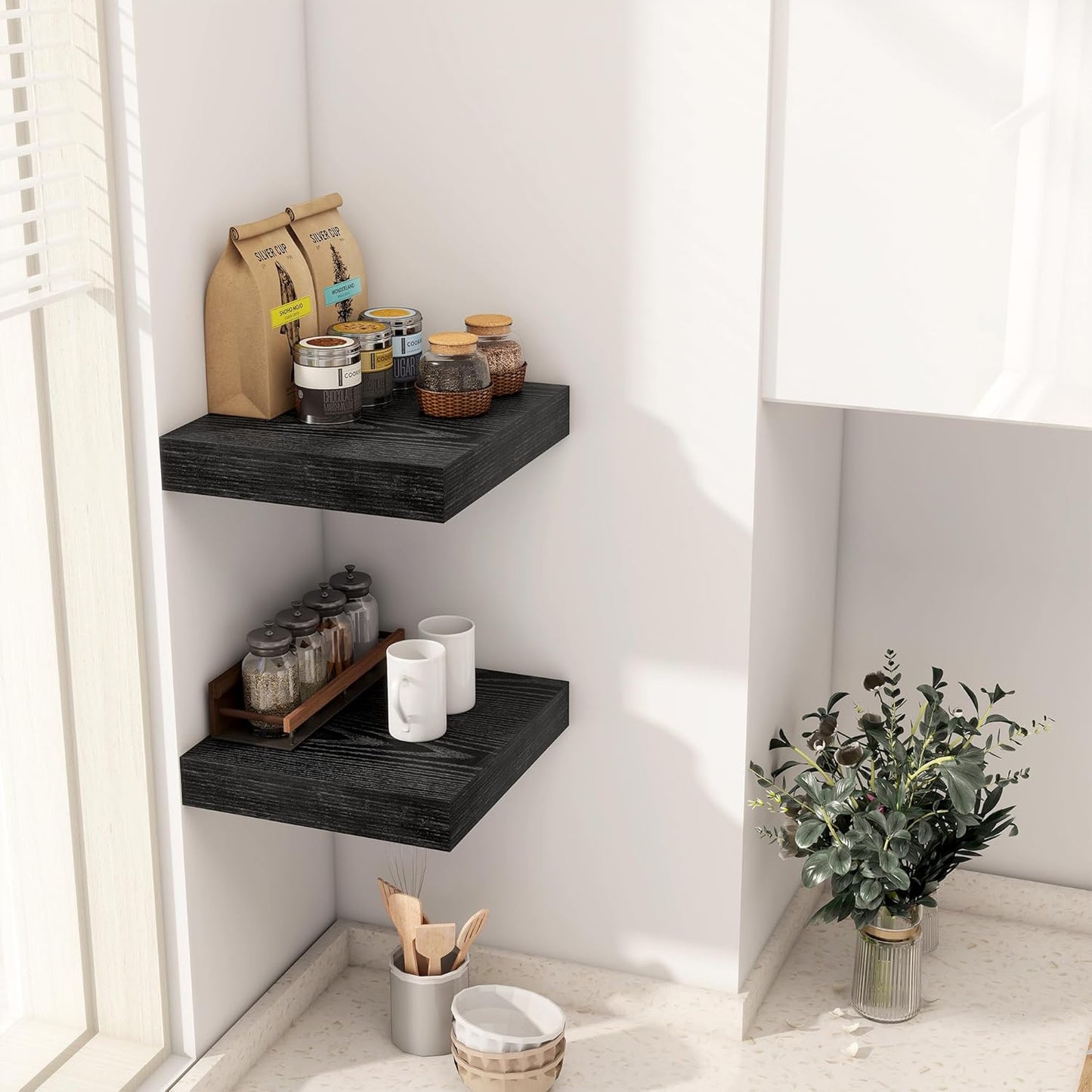 Fun Memories 12 Inch Floating Shelf, Rustic Wood Wall Shelves for Wall Decor & Storage, 12 x 12 Floating Shelf for Living Room, Bathroom, Bedroom, Black, Set of 2