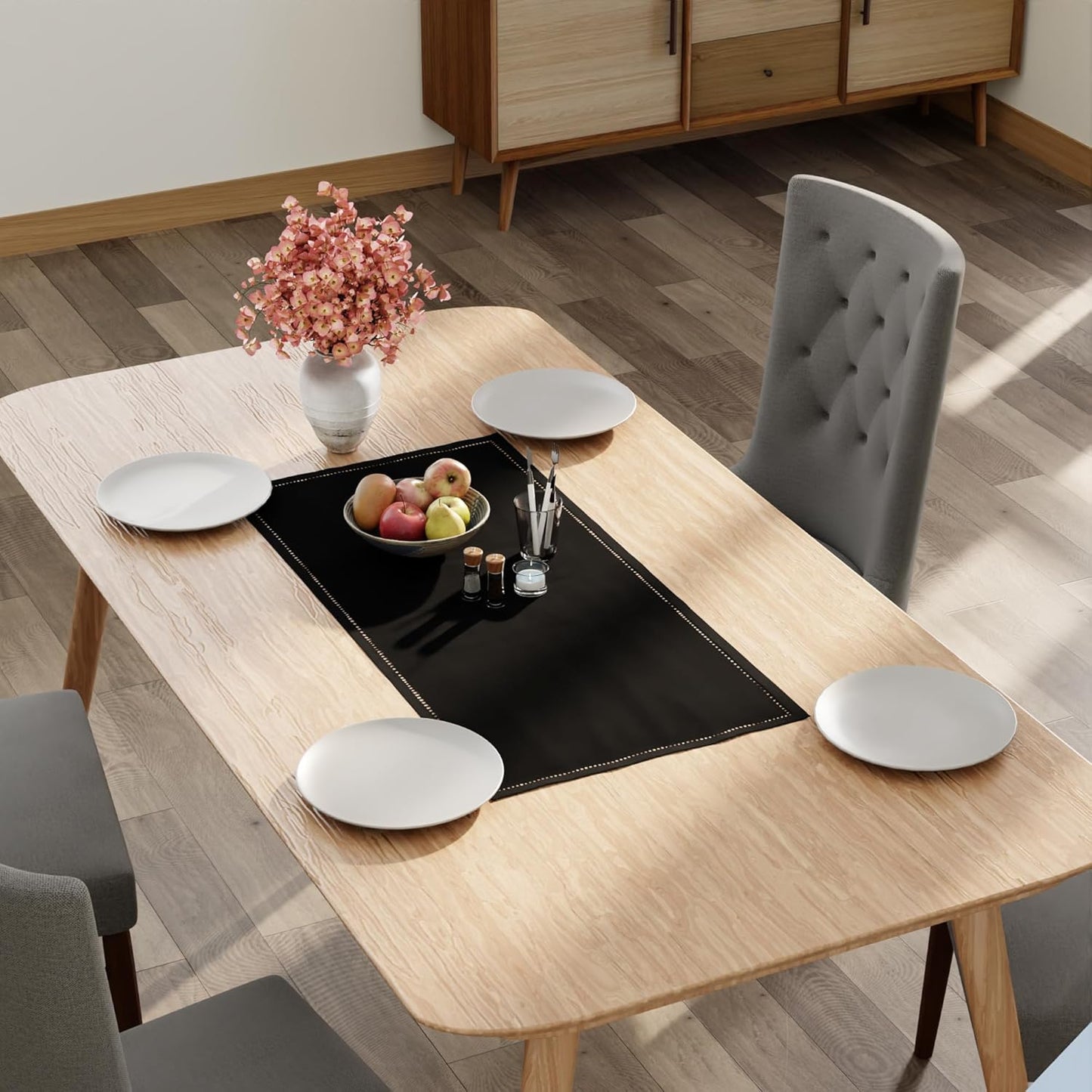 Encasa XO Dining Table Runner 16"x36" | Pure Cotton Hemstitched Design | Black - Machine Washable