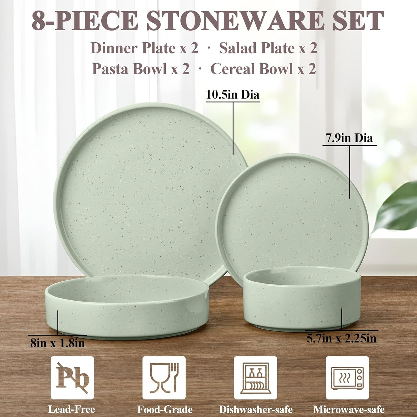 Herogo 8 Piece Plates and Bowls Set, Kitchen Dinnerware Sets with Pasta Bowls, Dinner Ware Dishes Service for 2, Chip & Scratch Resistant Porcelain Kitchen Dishware, Speckled Light Green