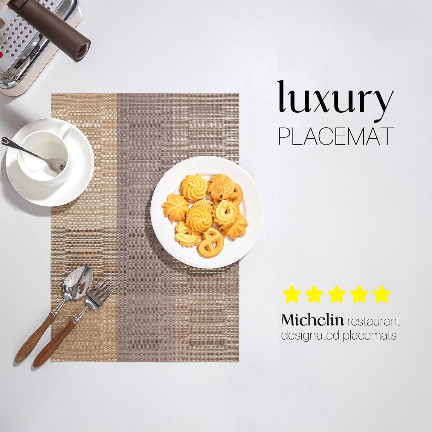 LEXMORE Placemats Set of 4 Vinyl/Plastic Woven Place Mats for Kitchen Table Indoor/Outdoor Washable Placemat Wipeable Dining Table Mats(Gold Dune)