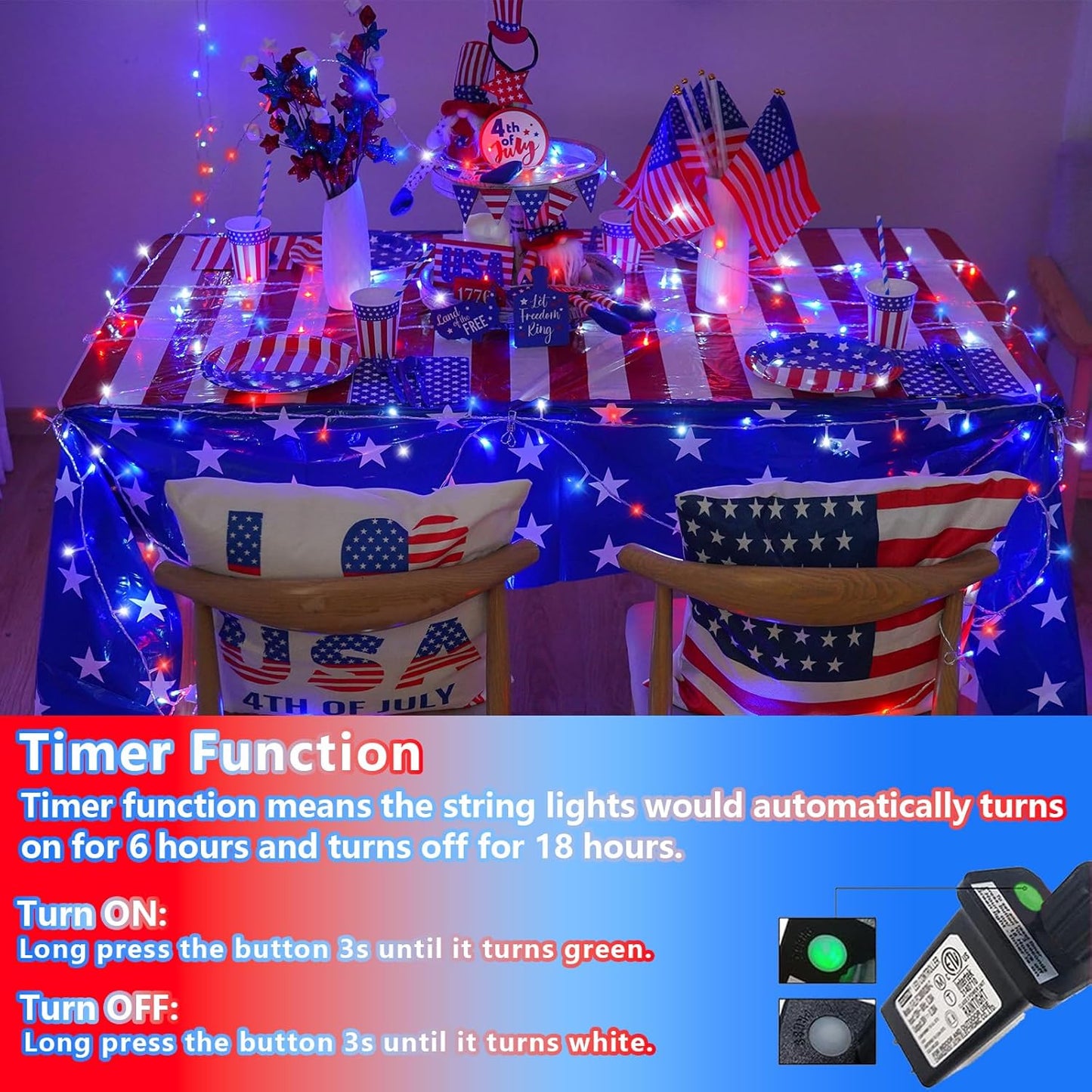 YEGUO 165ft 500 LED Red White and Blue Lights, 4th of July Decorations String Lights Plug in Indoor Outdoor, 8 Modes Clear Wire Patriotic Light for Independence Day Holiday Memorial Day Party Decor