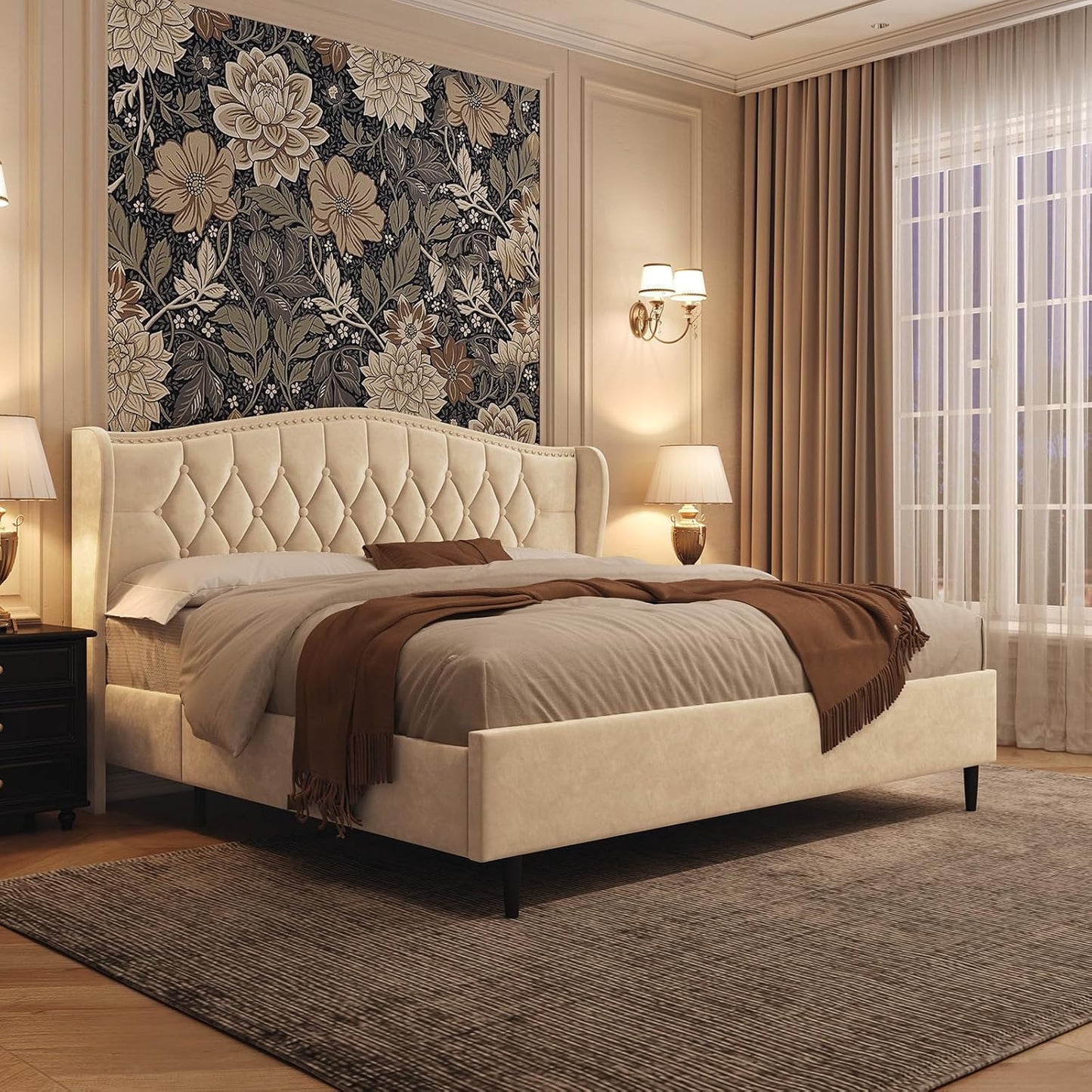 Belffin Queen Bed Frame with Headboard, Luxury Upholstered Velvet Platform Bed with Wingback, Button Tufted & Nailhead Trim, Anti-Slide Tall Footboard, No Box Spring Needed, Noise-Free, Beige