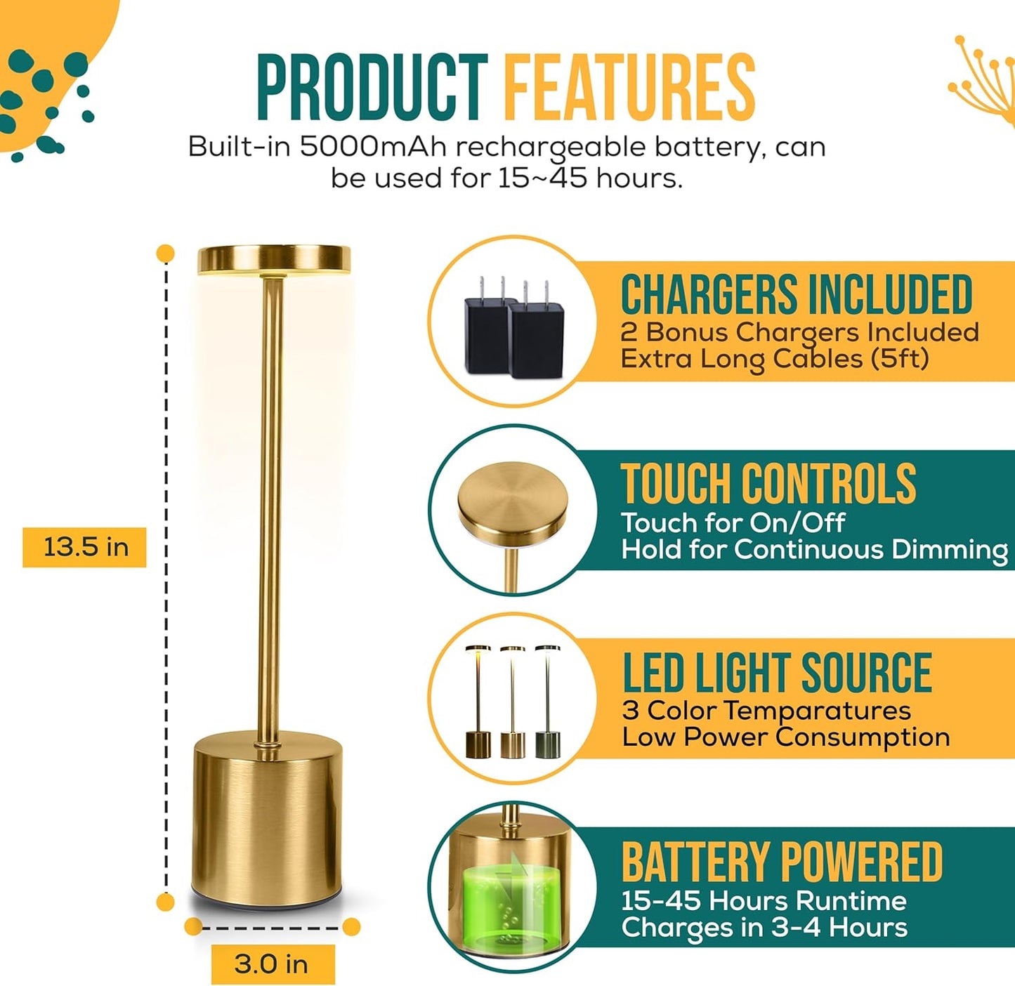 Cordless Table Lamp Pack of 2 (Gold) Rechargeable Lights - Set of 2 USB Chargers Included - LED 3-Color Dimmable Lamps for Restaurant Dinner Dining Kitchen Coffee Table Patio and Portable Lighting