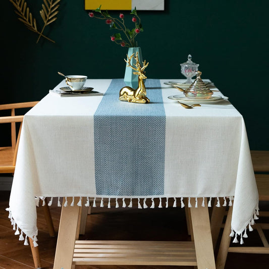 JIALE Tablecloths for Rectangle Tables,Cotton Linen Table Cloth Waterproof Tablecloth Wrinkle Free Farmhouse Dining Tables Cover,Soft Fabric Table Cloths with Tassels, Blue, 55" X 55",2-4 Seats