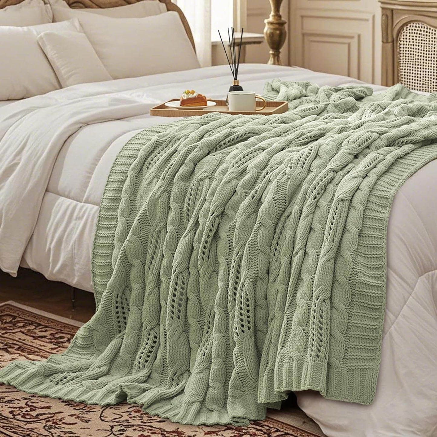 Amélie Home Chunky Knit Chenille Throw Blanket, Dual-Sided Soft Chenille Breathable Cable Knitted Blanket for Couch, Farmhouse Decorative Throw for Sofa & Chair, 60"x80", Sage Green