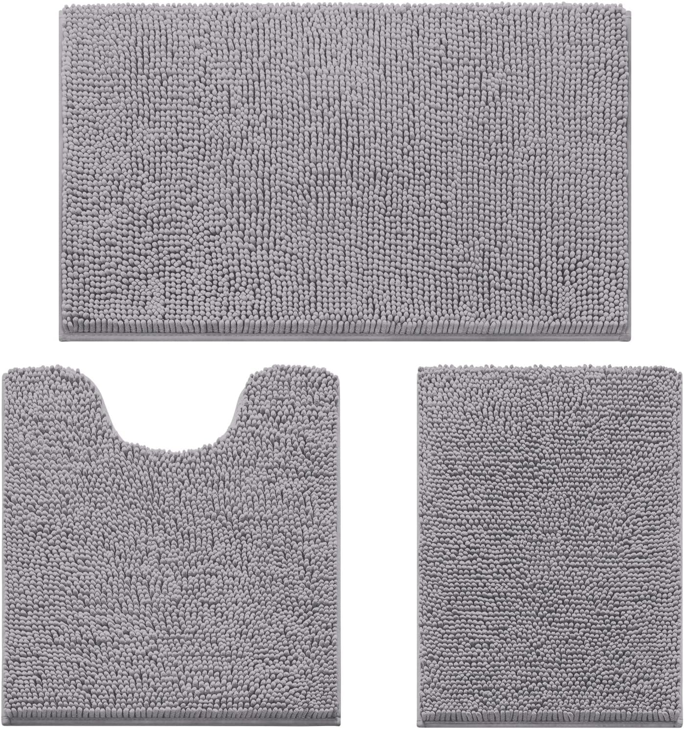 HOMEIDEAS 3 Pieces Bathroom Rugs, Ultra Soft Non Slip Absorbent Chenille Toilet Bath Mat Set (Grey,17"x24"+20"x32"+U Shape 20"x24")